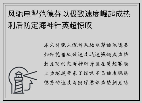 风驰电掣范德芬以极致速度崛起成热刺后防定海神针英超惊叹