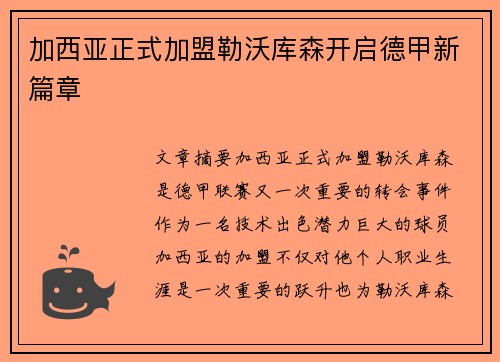 加西亚正式加盟勒沃库森开启德甲新篇章